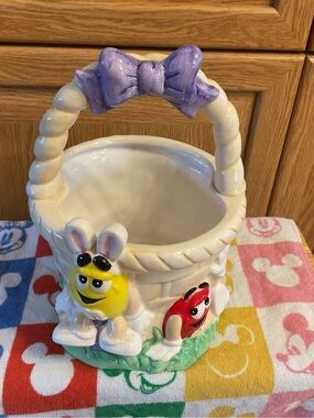 Cream Ceramic Kids Basket with Purple Bow and Colorful Character Accents